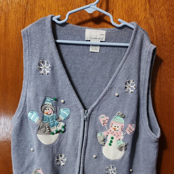 Women's Petite CB Collections Embroidered Snowman Zip Up Sweater Vest - Picture 1 of 9